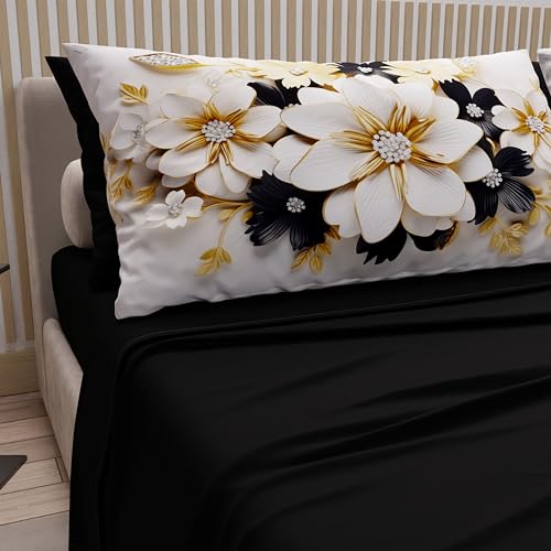 PETTI Artigiani Italiani - Cotton Sheets with Pillowcases in Digital Print, Double Bed Sheet, Double Bed Set, Flower Ceramic-Black, 100% Made in Italy