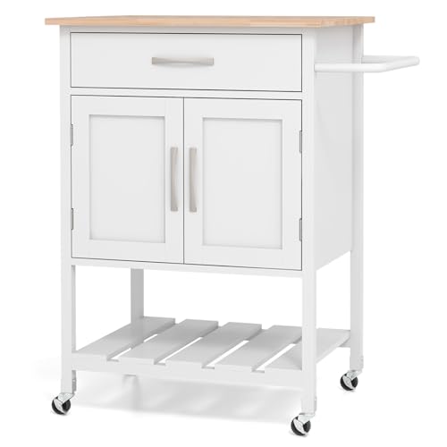 GiantexUK Kitchen Island Cart, Wooden Kitchen Storage Trolley with 2-Door Cabinet, Large Drawer, Bottom Tray & Towel Rack, Rolling Utility Cart on Wheels for Dining Living Room Restaurant (White)