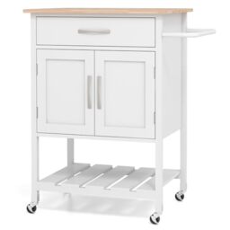 GiantexUK Kitchen Island Cart, Wooden Kitchen Storage Trolley with 2-Door Cabinet, Large Drawer, Bottom Tray & Towel Rack, Rolling Utility Cart on Wheels for Dining Living Room Restaurant (White)