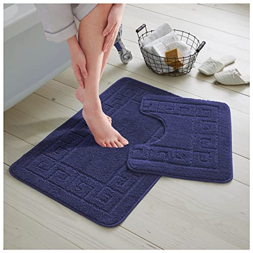 GC GAVENO CAVAILIA Bath Mat Set 2 Piece - Non Slip Bathroom Mat - Bath Rug Toilet Mat With Pedestal Set - Machine Washable Floor Mat - Navy