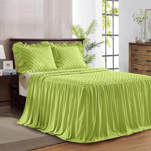 "Ruffle Skirt Bedspread Set - 30"" Long Drop - Vintage Chic Ruffled Summer Coverlet Bed Spreads Quilt Boho Bedding Farmhouse Style Lightweight Luxurious Rustic 3 Piece Set Twin Green"