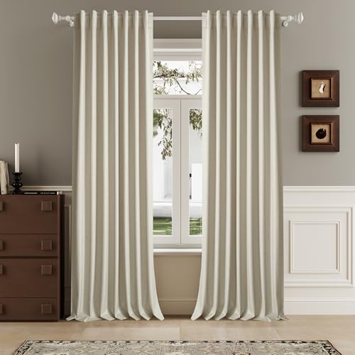 DUALIFE Blackout 96 Inches Long Natural Birch Curtains 2 Panel Set, Farmhouse Curtains for Living Room Darkening Thermal/Noise Reduction Textured Flax Linen Drape 8ft Rod Pocket&Back Tab 72W x 96L