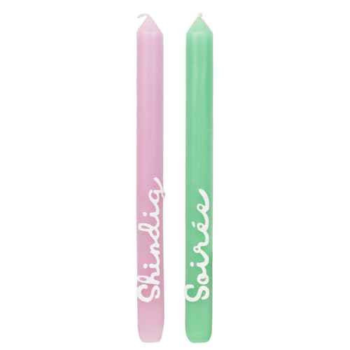 2 x Hand Painted Green and Pink Dinner Candles - Shindig & Soiree Scripted Text - Ideal Birthday or Mothers Day Gift Unscented, 8 Hours Burn Time - Eco-Friendly Packaging, Made by Talking Tables