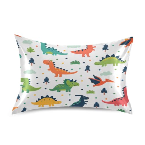 Blueangle Funny Cartoon Dinosaur Satin Pillowcase for Hair and Skin Silk Pillowcase, Standard Size(20x26 inches) - Satin Pillow Covers with Envelope Closure