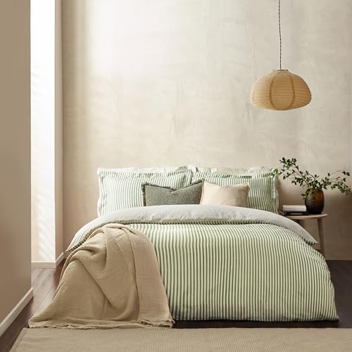 furn. Yard Hebden 100% Cotton Stripe Duvet Cover Set – Reversible Striped Bedding (Forest, Double)