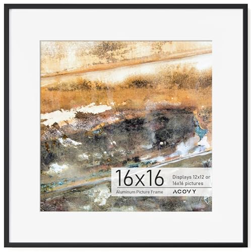 Acovy 16x16 Square Picture Frame, 16x16 Frame Matted to 12x12, Metal 16 x 16 Photo Frame for Wall Display,High Definition Tempered Glass, Wall Hook Included (Black, Pack of 1)