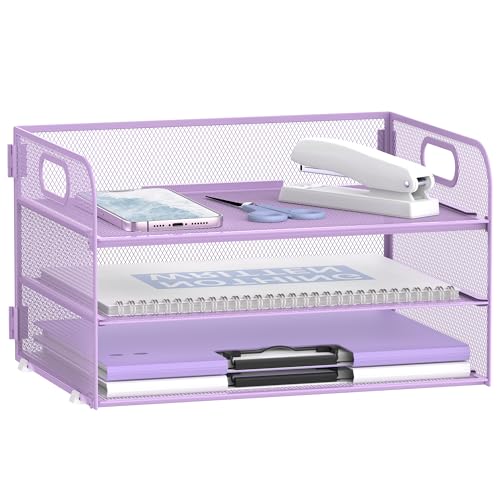 DALTACK 3 Tier Paper Organizer with Handle, Mesh Metal Desk Organizer with Sliding Paper Trays for Letter/A4 Paper, Mail, Bills & Folders, Purple