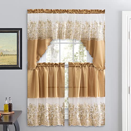 American Linen 3 Piece Sequin Embroidered Window Curtain Set ??? Valance and Tiers ??? Kitchen, Living Room, or Bathroom Curtains