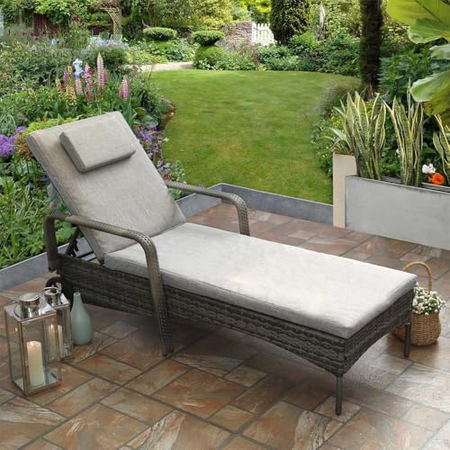 RayGar Rattan Sun Lounger Bed Recliner Chair Adjustable w/Cushion Garden Patio - Grey