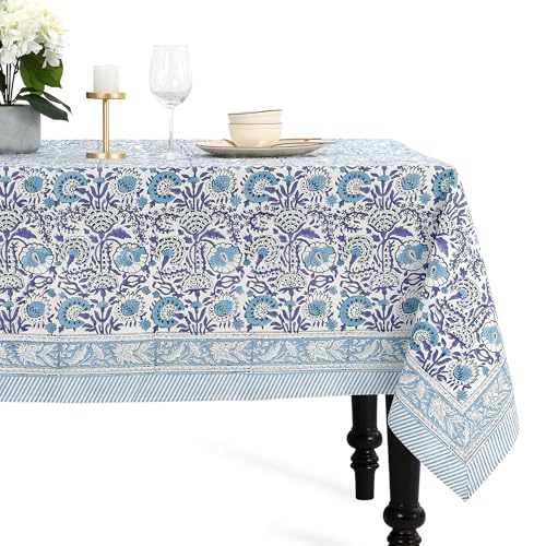 CPC COTTON PRINT CLUB Teal Grey, Aquamarine Blue Indian Hand Block Printed 100% Pure Cotton Tablecloth Table Cover for Wedding, Christmas, Housewarming Party- 6-Seater 60x90 Inch
