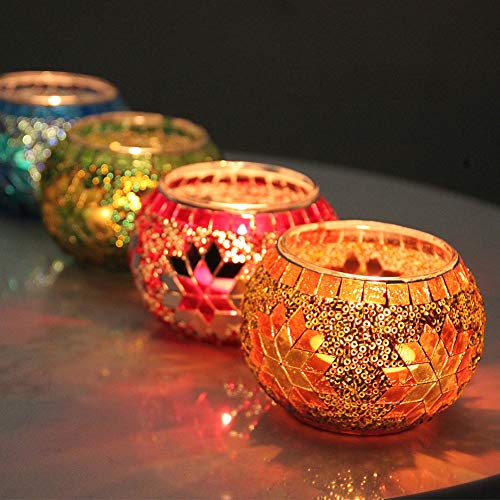 SHMILMH Votive Candle Holder Set of 4, Easter Decoration for Home, Handmade Mosaic Glass Tealight Candle Holders for Ramadan Table Centerpiece Decor, Easter Gift