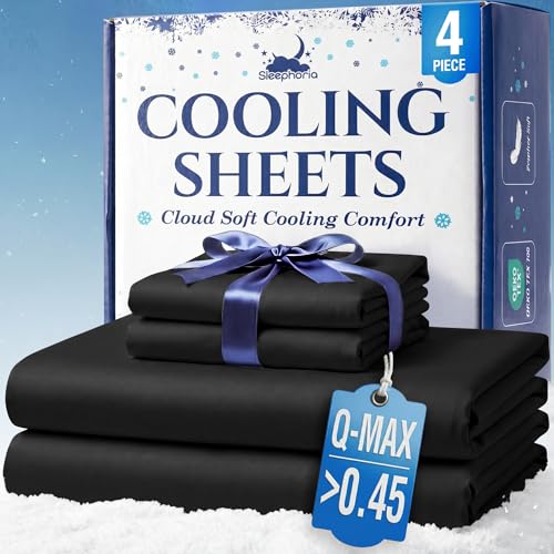 SLEEPHORIA Cooling Sheets - BreezeWeave 4 PC King Size Cooling Bed Sheets for Hot Sleepers & Deep, Cool Rest - Cloud Soft, Silky Smooth, 16 in Deep Pocket, Ultra Durable (Midnight Black - 01)
