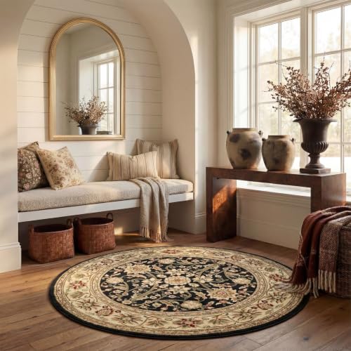 SAFAVIEH Traditional Rug for Living Room, Dining Room, Bedroom - Lyndhurst Collection, Short Pile, in Black and Ivory, 122 X 122 cm