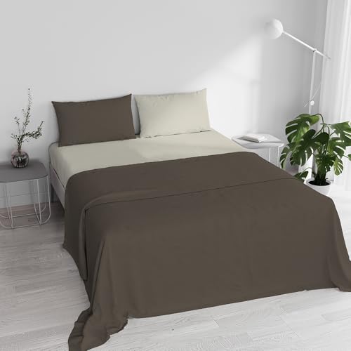 Double Bed Sheet Set, 100% Natural Cotton, Made in Italy – Complete Bed Set, Fitted Sheet, Top Sheet 240 x 300 cm and Pillowcases with Inner Flap, Brown/Cream