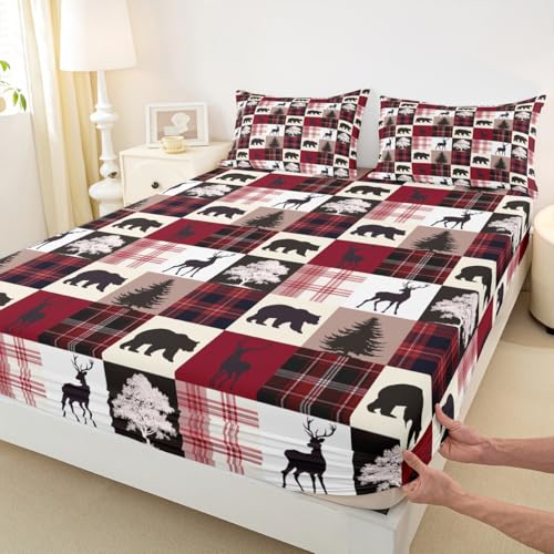 Retro Red Stripes Grid Fitted Sheet,Full Size Animal Silhouette Collections Wildlife Bear Moose Elk Theme,Soft Decorative Fabric Bedding Deep Pocket for Children Teens Boys Girls,with 2 Pillowcases