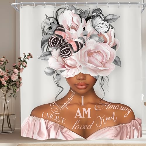 MESHELLY Black Girl Shower Curtain 72Wx72H Gray Pink Shower Curtain Peony Floral African American Motivational Quotes Bathroom Curtain Grey Butterfly Fabric Bathroom Accessories Decor with 12 Hooks