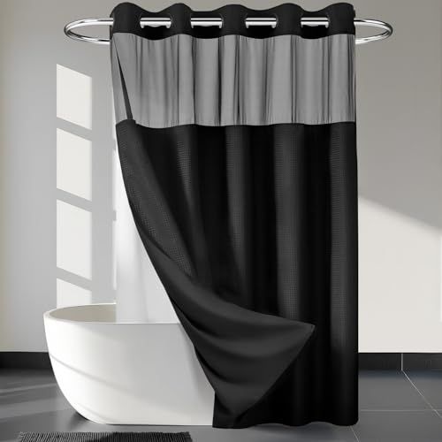 River Dream Heavyweight No Hooks Required Dotted Waffle Weave Shower Curtain with Snap in Liner - 71W x 80H,Hotel Grade,Spa Like Bath Curtain,Graphite Black