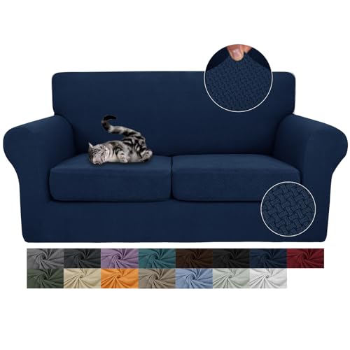 JIVINER 3 Pieces Stretch Couch Covers for 2 Cushion Couch Fitted Thick Loveseat Sofa Slipcover with 2 Seat Cushion Covers for Living Room Pet Dogs (Loveseat, Navy Blue)