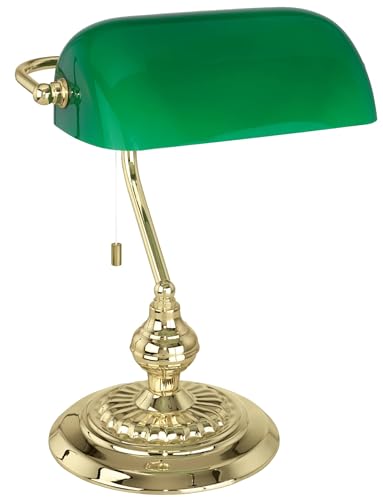 EGLO Table Lamp Banker, 1 Bulb Desk Lamp Vintage Design with Bronze Finish Steel and Green Glas Shade, with Pull Switch, E27 Socket