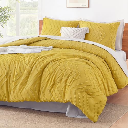 Litanika King Size Comforter Set, 3 Pcs Boho Tufted Bedding Set - Mustard YellowNeutral Lightweight Fluffy Chevron Textured Bohemian Bedding Set Gift Choice