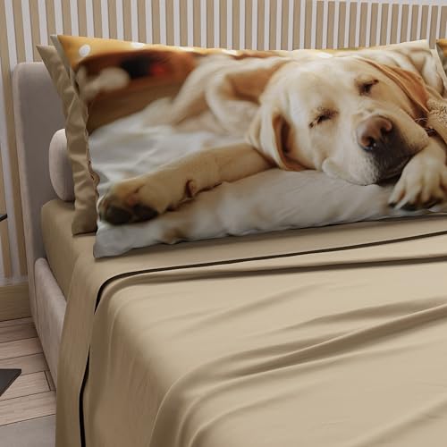 PETTI Artigiani Italiani - Animal Bed Linen with Dogs in Cotton with Pillowcases in Digital Print, Pizza and Half Sheets, Complete Bed Set, Taupe, 100% Made in Italy
