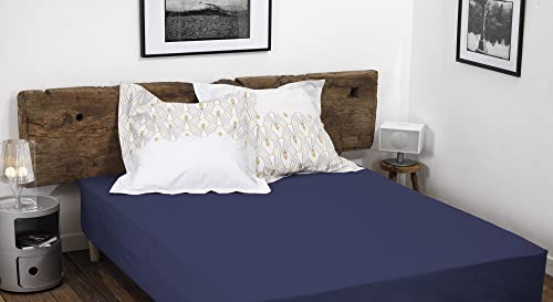 Home Linge Passion 100% Cotton Fitted Sheet – 57 Thread Count – Size 160 x 200 cm – Blue – 35 cm Deep Weave – Soft, Breathable, Washable