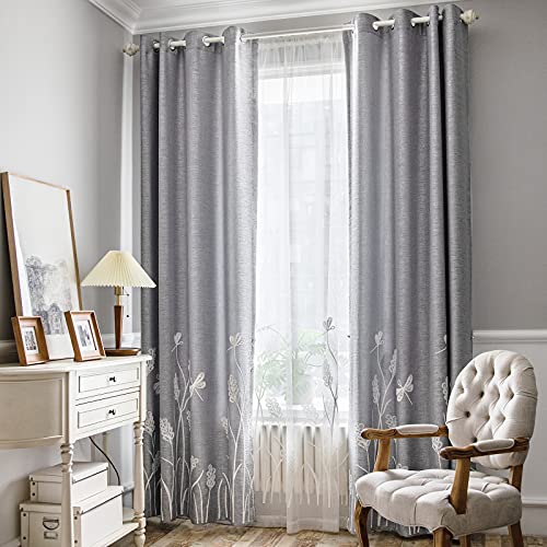 "Melodieux Wheat Embroidery Room Darkening Linen Textured Curtains, Living Room Bedroom Farmhouse Floral Patterned Vintage Grommet Window Drapes, White Wheat/Gray, 52"" W x 72"" L, 2 Panels"