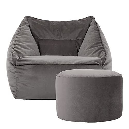 icon Natalia Velvet Bean Bag Chair with Pouffe, Charcoal Grey, Large Adult Bean Bag with Filling Included, Accent Chair, Armchair, Living Room Furniture, Bedroom Furniture