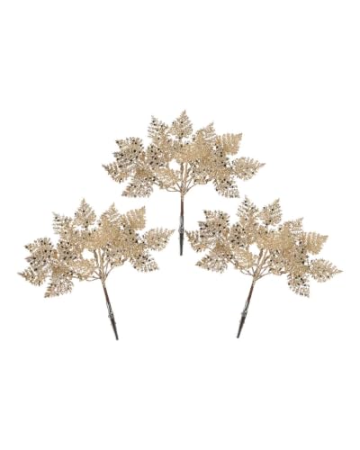 Set of 3 Latte Glitter Leaf Christmas Tree Picks, 19cm Sprays - 3 latte glitter leaf picks, 19cm artificial Christmas foliage sprays for trees, wreaths, garlands and festive displays