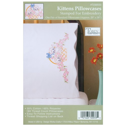 "Tobin Stamped Pillowcases, Kittens in Basket, 20"" x 30"" Embroidery Kit, white"
