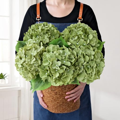 JINWOE Green Flowers Artificial Hydrangeas, 5Pcs 20Inch Large Lifelike Faux Silk Flowers, Full Artificial Hydrangeas for Bouquet Table Centerpieces Indoor Spring Outdoor Home(Rosemary Green)