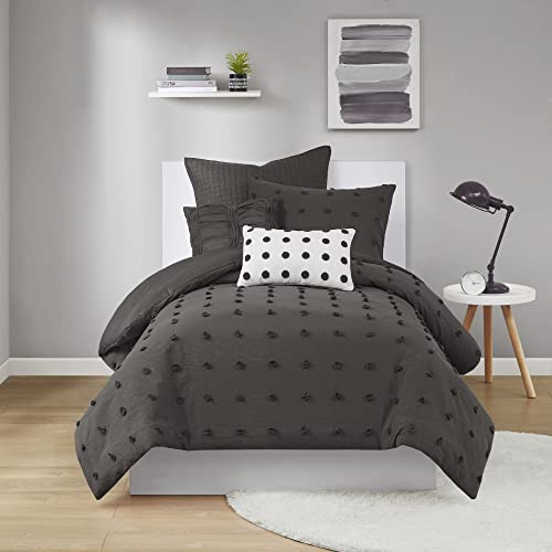 "URBAN HABITAT Duvet Set 100% Cotton Jacquard Tufts Accent Shabby Chic All Season Comforter Cover Matching Shams, Pillows, Twin/Twin XL (68"" x 92""), Brooklyn, Charcoal"