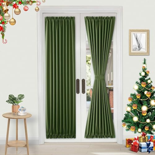 DWCN French Door Curtains ??? Rod Pocket Thermal Blackout Curtain for Doors with Glass Window, Kitchen and Patio Doors for Privacy, 36 X 72 Inches Long, 1 Curtain Panel with Tieback,Olive Green