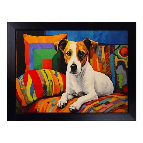 Lap Tray with Bean Bag Cushion, Jack Russell Art Deco - Handmade in the UK, Raised Wooden Edge, Padded Cushion, Heat-Resistant Wipe-Clean Surface, for Meals, Laptops and Crafts