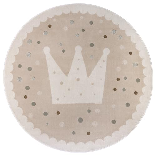Hanse Home Adventures Children's Rug, Round, Crown Pattern Rug, Boys and Girls for Children's Room, Playroom, Teenager's Room, Living Room - Beige Cream, 140 cm