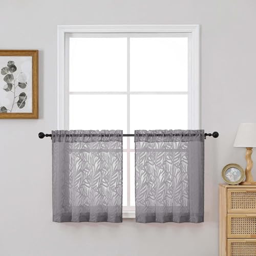 OVZME Short Black Sheer Curtains 24 inch Length 2 Panels Set, Textured Soft Airy Elegant Leaf Jacquard Kitchen Curtains Tier for Bathroom Bedroom Living Room Small Windows, 2x30Wx24L Inches