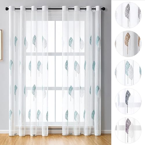 BYSURE Set of 2 curtain leaves embroidery with eyelets, voile, floral curtains, 140 x 175 cm, turquoise