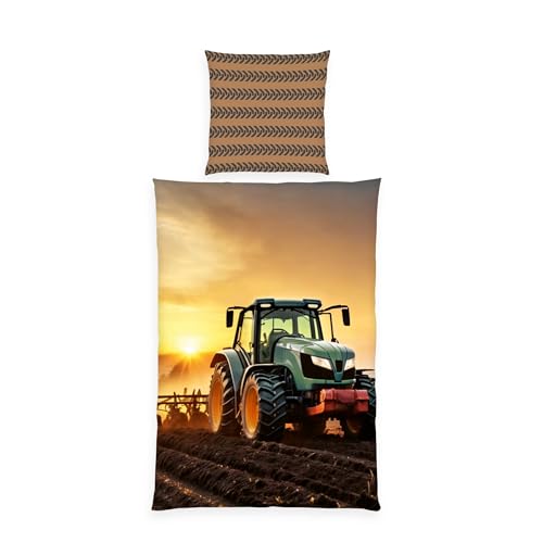 Herding Young Collection Tractor Bed Linen, Pillowcase Approx. 70 x 90 cm, Duvet Cover Approx. 140 x 200 cm, Austrian Size, with Branded Zip, 100% Cotton/Renforcé