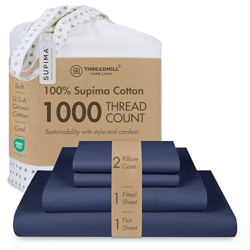 "Threadmill 1000TC Supima Cotton Queen Sheet Set, Sateen, Folkstone Blue - 100% Supima Cotton, Sateen Weave, 4-Piece Set, 17"" Deep Pocket, All-Around Elastic, Hotel Quality, OEKO-TEX Certified"