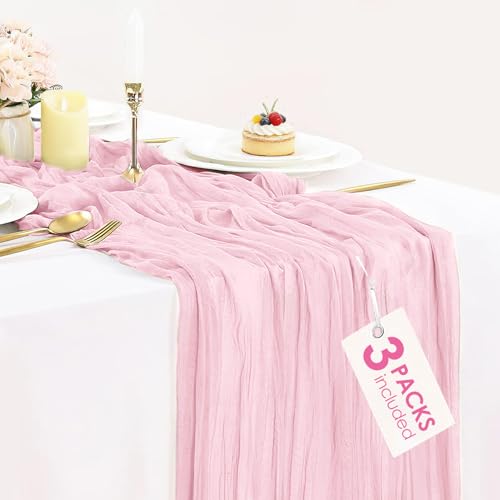 3 Pack Blush Pink Cheesecloth Table Runner Long Table Runner 35x120 Inches Rustic Sheer Cheese Cloth 10Ft Boho Romantic Table Runner for Wedding Baby Shower Party Christmas Girl's Day Table Decor