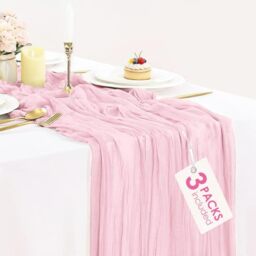 3 Pack Blush Pink Cheesecloth Table Runner Long Table Runner 35x120 Inches Rustic Sheer Cheese Cloth 10Ft Boho Romantic Table Runner for Wedding Baby Shower Party Christmas Girl's Day Table Decor