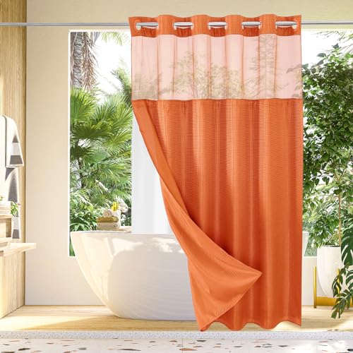 Gibelle No Hook Cloth Shower Curtain with Snap-in Fabric Liner Set for Bathroom, Hotel Style with Mesh Top Window, Waterproof & Washable, Burnt Orange, 72x74
