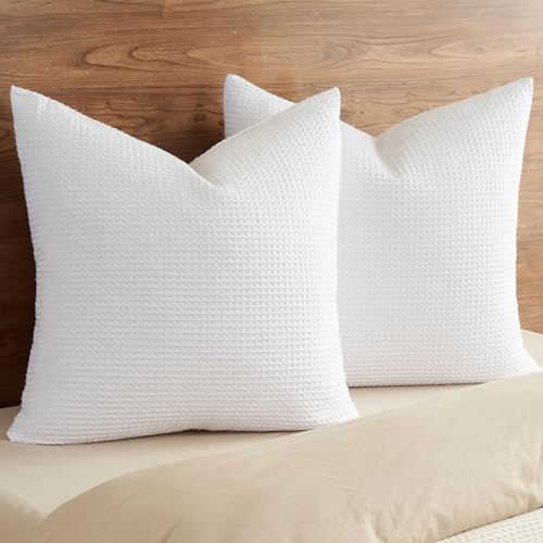 "PHF 100% Cotton Waffle Weave Throw Pillow Cover, 24"" x 24"", No Filling, 2 Pack Elegant Home Decorative Square Throw Pillow Covers for Bed Couch Sofa, White"