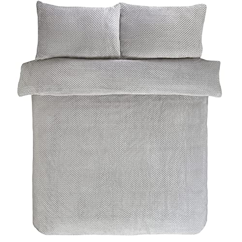 Sleepdown Waffle Teddy Fleece Silver Warm And Cosy Reversible Soft Duvet Cover Quilt Bedding Set With Pillowcases - King (220cm x 230cm)