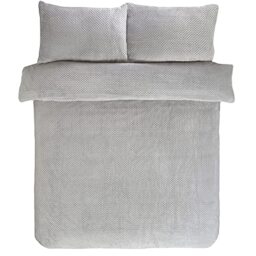 Sleepdown Waffle Teddy Fleece Silver Warm And Cosy Reversible Soft Duvet Cover Quilt Bedding Set With Pillowcases - King (220cm x 230cm)