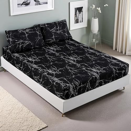 MAG 3pcs Black Marble Full Bed Sheet, Super Soft Microfiber, Marble Bedding Included 1 Fitted Sheet with 2 Pillowcases, 14 Inches Deep (Full, Black)