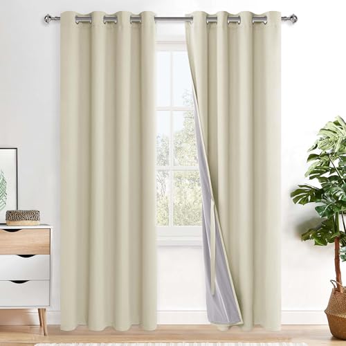 XWZO 100% Blackout Curtain Panels - Thermal Insulated Black Liner Curtains, Noise Reducing and Heat Blocking Drapes for Hall and Studio Windows with Tiebacks, Beige, W52 x L84, Set of 2