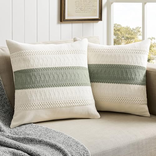 ZeeMart 2 Pack Boho Throw Pillow Covers, Contrast Green 20x20in - Soft Breathable Cotton, Farmhouse Decorative Couch Pillow Cases, Cushion Covers for Sofa Bed Living Room Home Decor