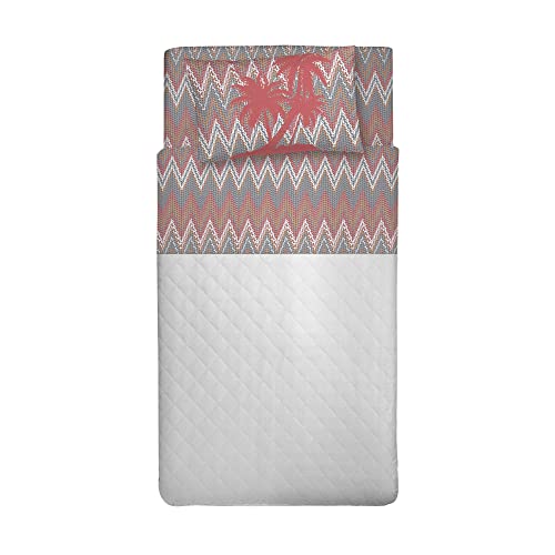 PENSIERI DELICATI One and a Half Bed Set 100% Cotton, Bed Sheet Set 120x200 Including Bottom Sheet, Top and 1 Pillowcase, Made in Italy, Coral Palm Pattern