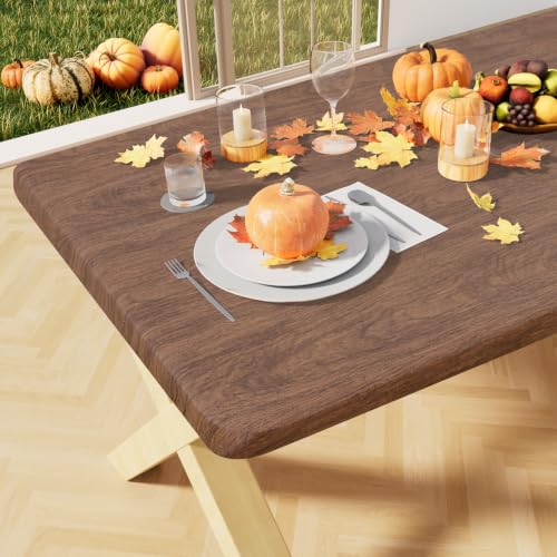 misaya Rectangle Vinyl Tablecloth, Fitted Table Cover, Waterproof, Elastic Edge, Plastic Table Cloth Fit 8 Foot Folding Tables for Picnic, Indoor and Outdoor (Oak Wooden Grain, 30x96 inch)